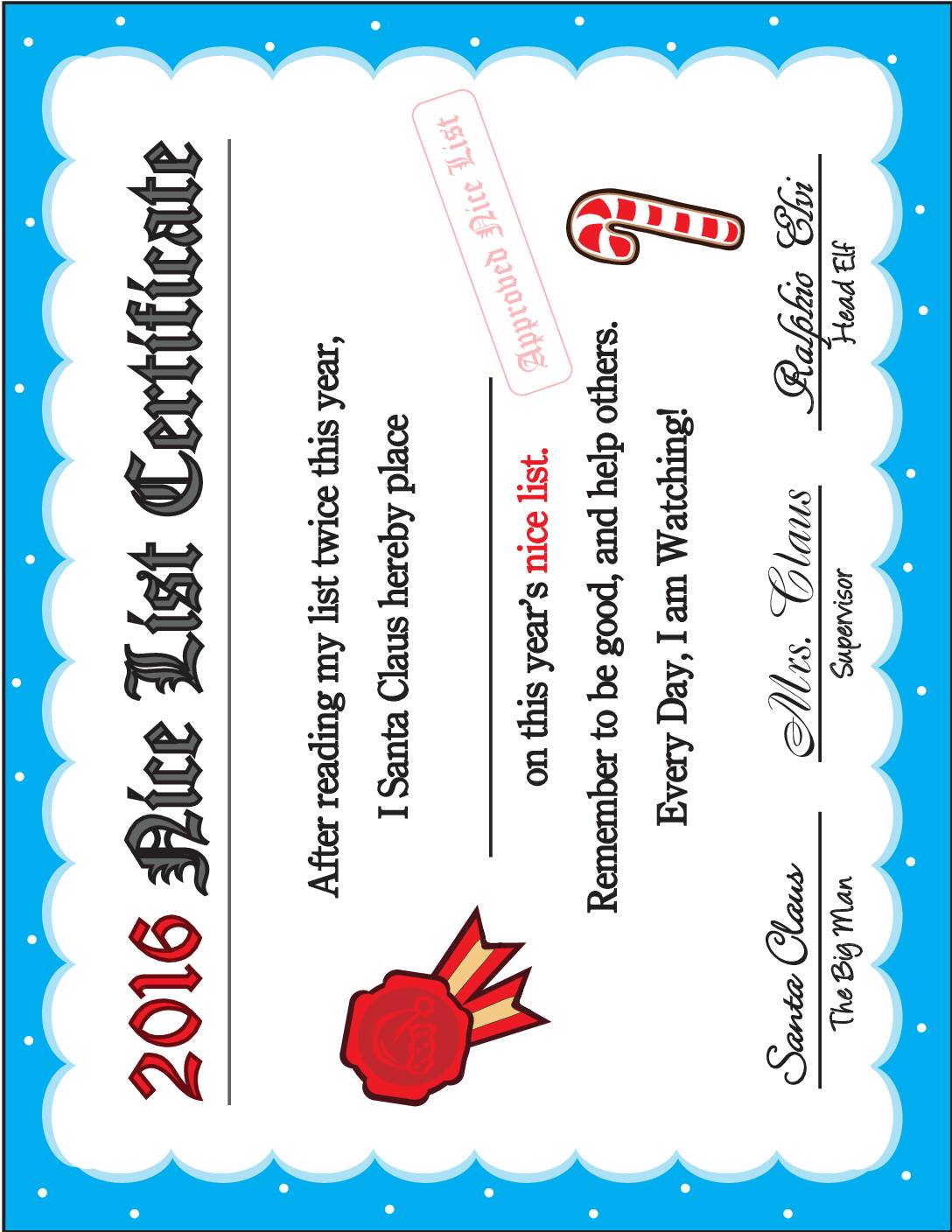 2016 Nice List Certificate Santa Letters