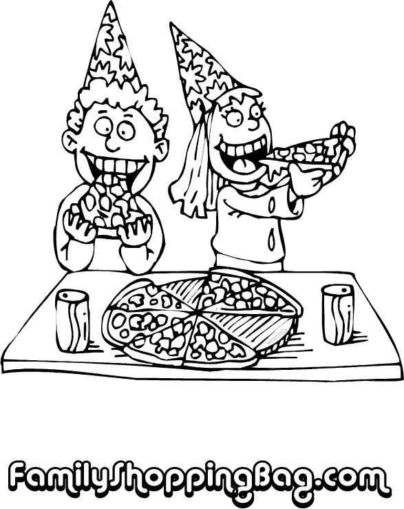 Kids In Hats Eating Pizza Coloring Pages