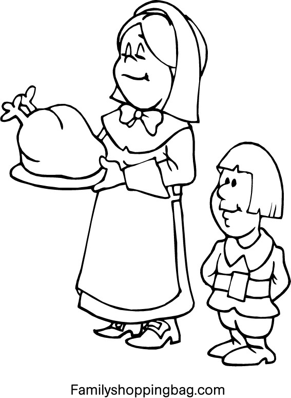 Pilgrim Lady and Son Coloring Pages