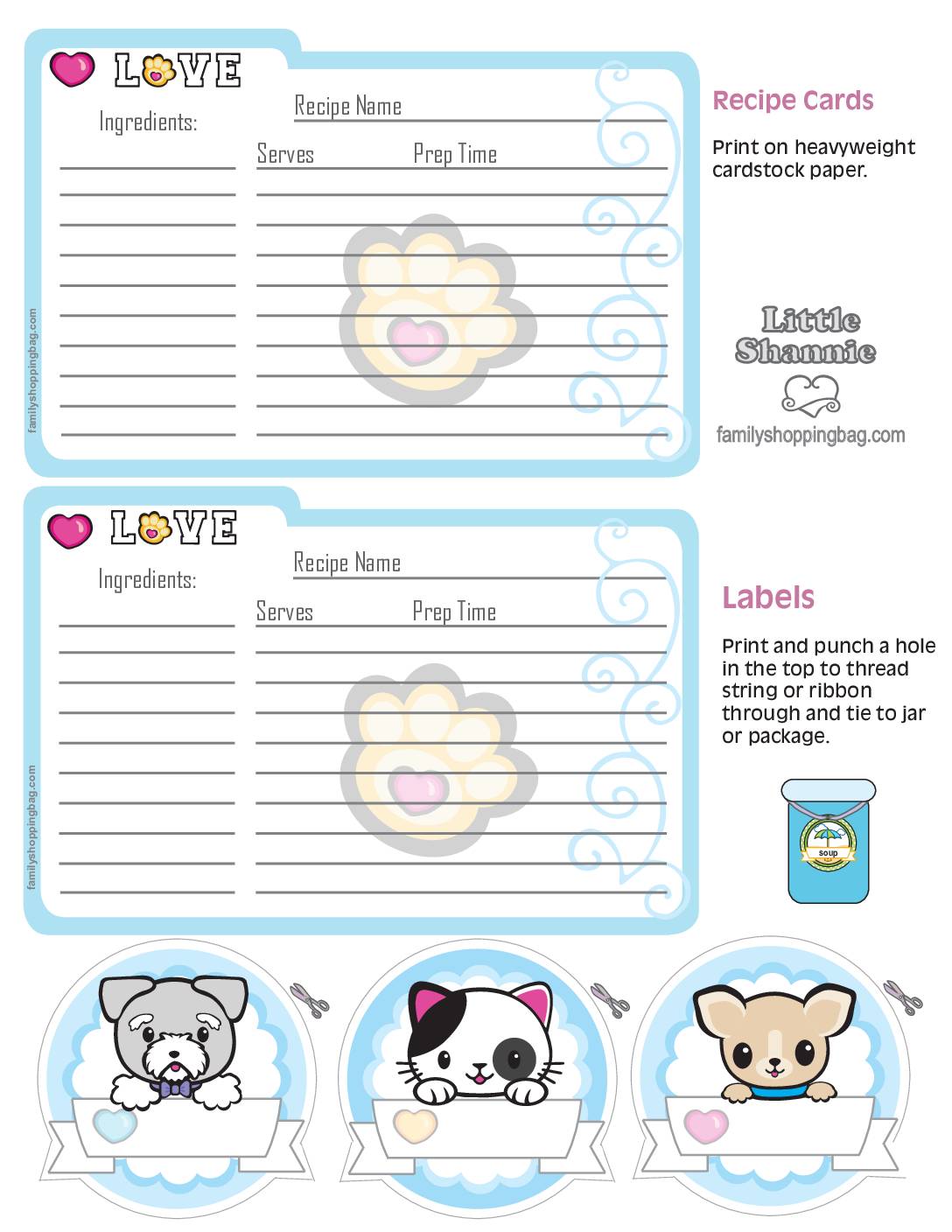 Recipe Cards Valentine Pups and Kittens Recipe Cards