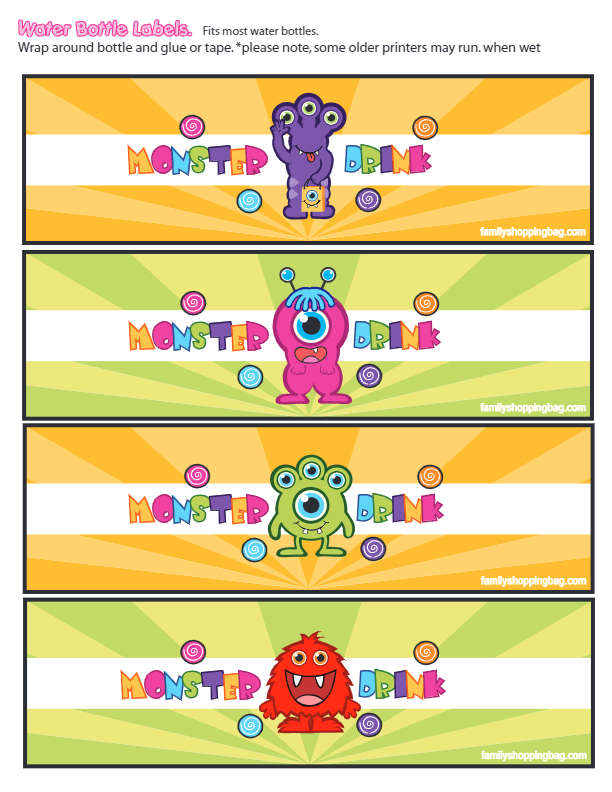 Monsters Party Water Bottle Labels